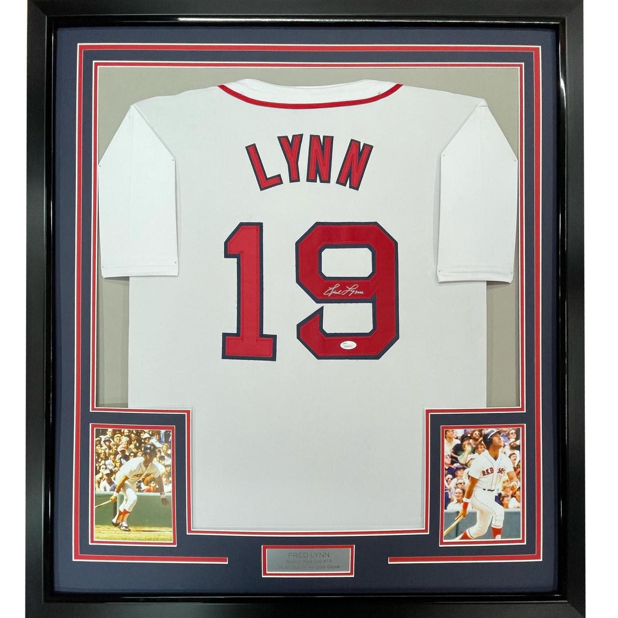 Camiseta de béisbol blanca de Boston, enmarcada, autografiada y firmada por Fred Lynn, 35 x 39, JSA COA