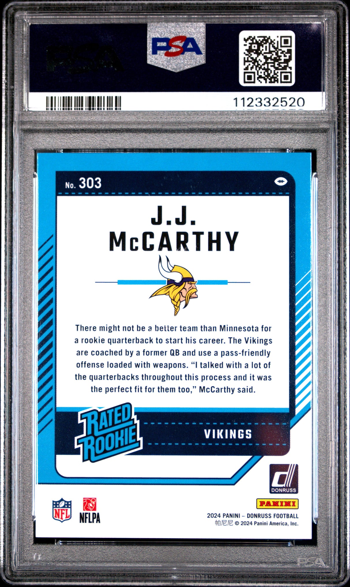 Tarjeta de fútbol RC de novato JJ McCarthy #303 de Panini Donruss, clasificada en 2024, PSA 10 Gem Mint