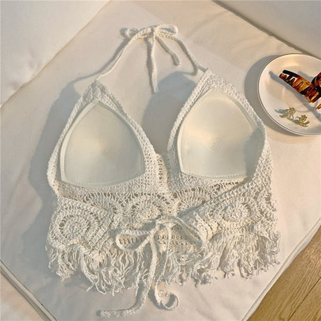 Women's Crochet Knit Swimsuit Bathing Suits Cover up Vest Top Hollow Out Beachwear Crop Tank Tops - Lootquake