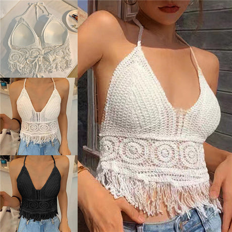 Women's Crochet Knit Swimsuit Bathing Suits Cover up Vest Top Hollow Out Beachwear Crop Tank Tops - Lootquake