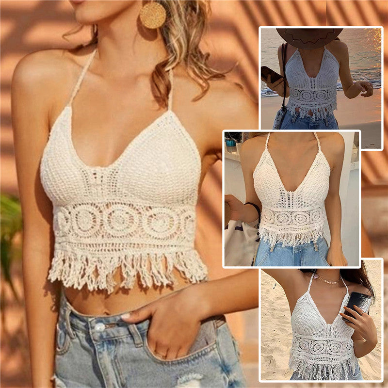 Women's Crochet Knit Swimsuit Bathing Suits Cover up Vest Top Hollow Out Beachwear Crop Tank Tops - Lootquake