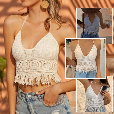Women's Crochet Knit Swimsuit Bathing Suits Cover up Vest Top Hollow Out Beachwear Crop Tank Tops - Lootquake