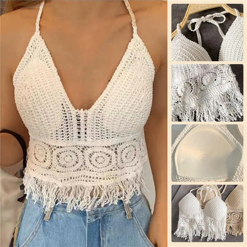 Women's Crochet Knit Swimsuit Bathing Suits Cover up Vest Top Hollow Out Beachwear Crop Tank Tops - Lootquake