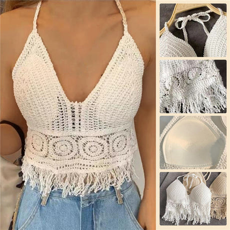 Women's Crochet Knit Swimsuit Bathing Suits Cover up Vest Top Hollow Out Beachwear Crop Tank Tops - Lootquake