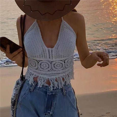Women's Crochet Knit Swimsuit Bathing Suits Cover up Vest Top Hollow Out Beachwear Crop Tank Tops - Lootquake