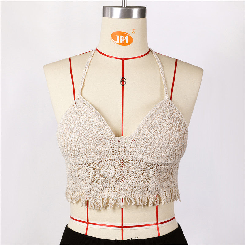 Traje de baño de punto de crochet para mujer, traje de baño tipo pareo, chaleco, top calado, ropa de playa, top corto sin mangas