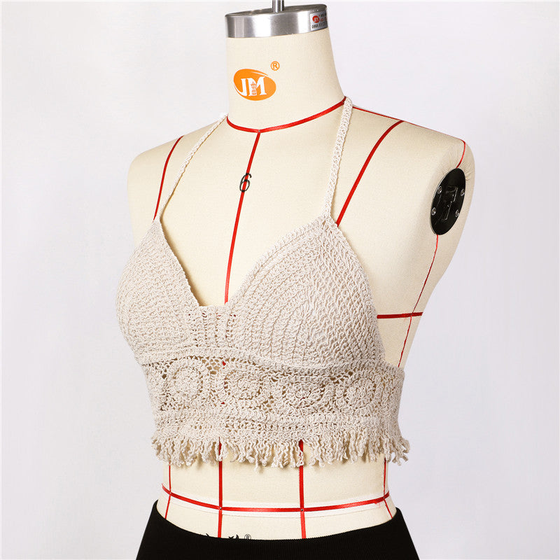 Traje de baño de punto de crochet para mujer, traje de baño tipo pareo, chaleco, top calado, ropa de playa, top corto sin mangas