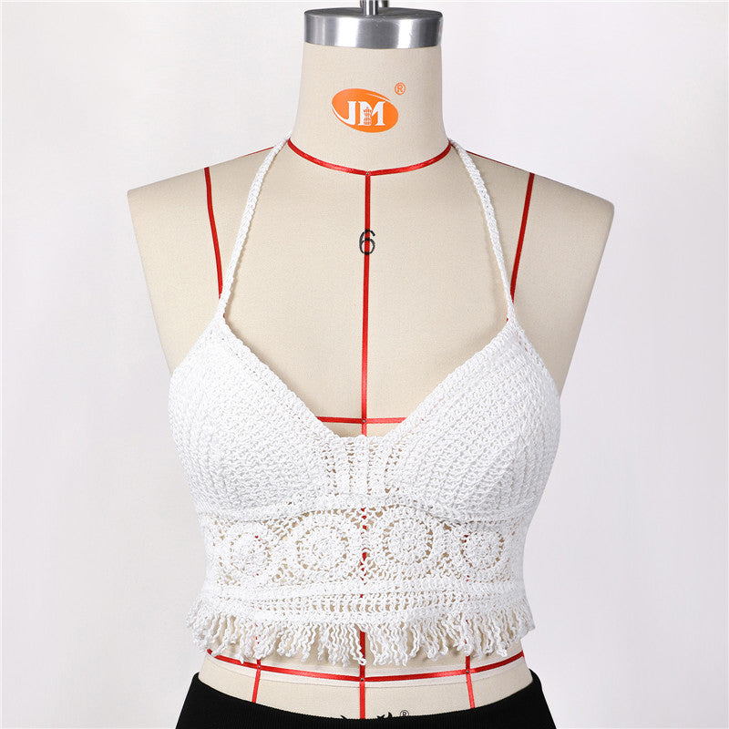 Traje de baño de punto de crochet para mujer, traje de baño tipo pareo, chaleco, top calado, ropa de playa, top corto sin mangas