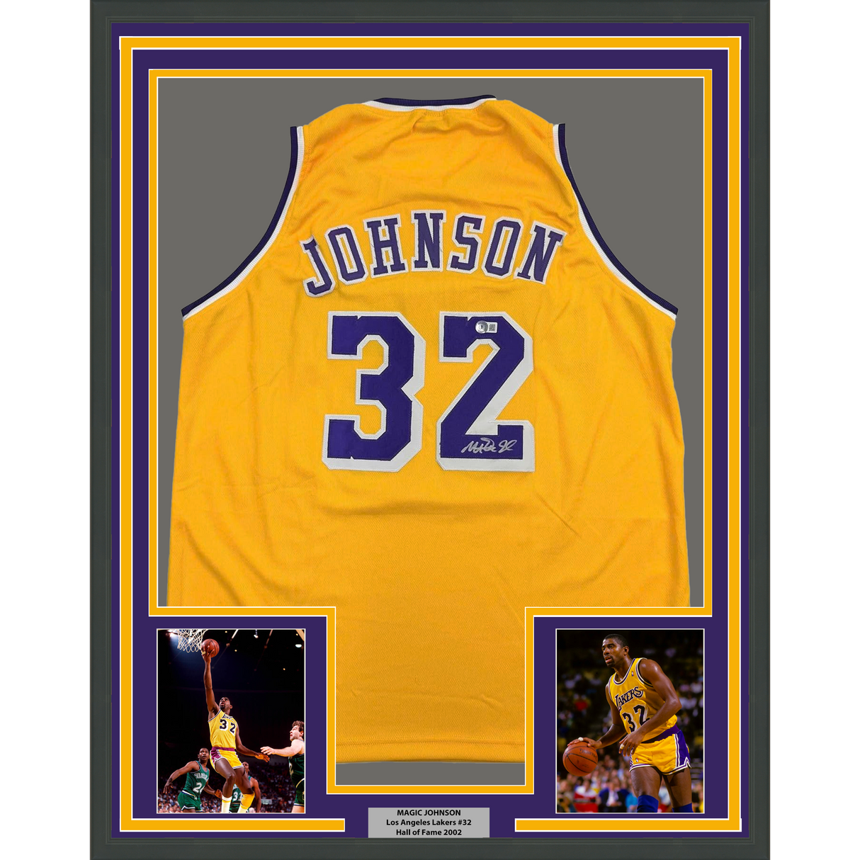 Camiseta de baloncesto amarilla de Los Ángeles LA Beckett BAS COA enmarcada, autografiada y firmada por Earvin Magic Johnson, 35 x 39
