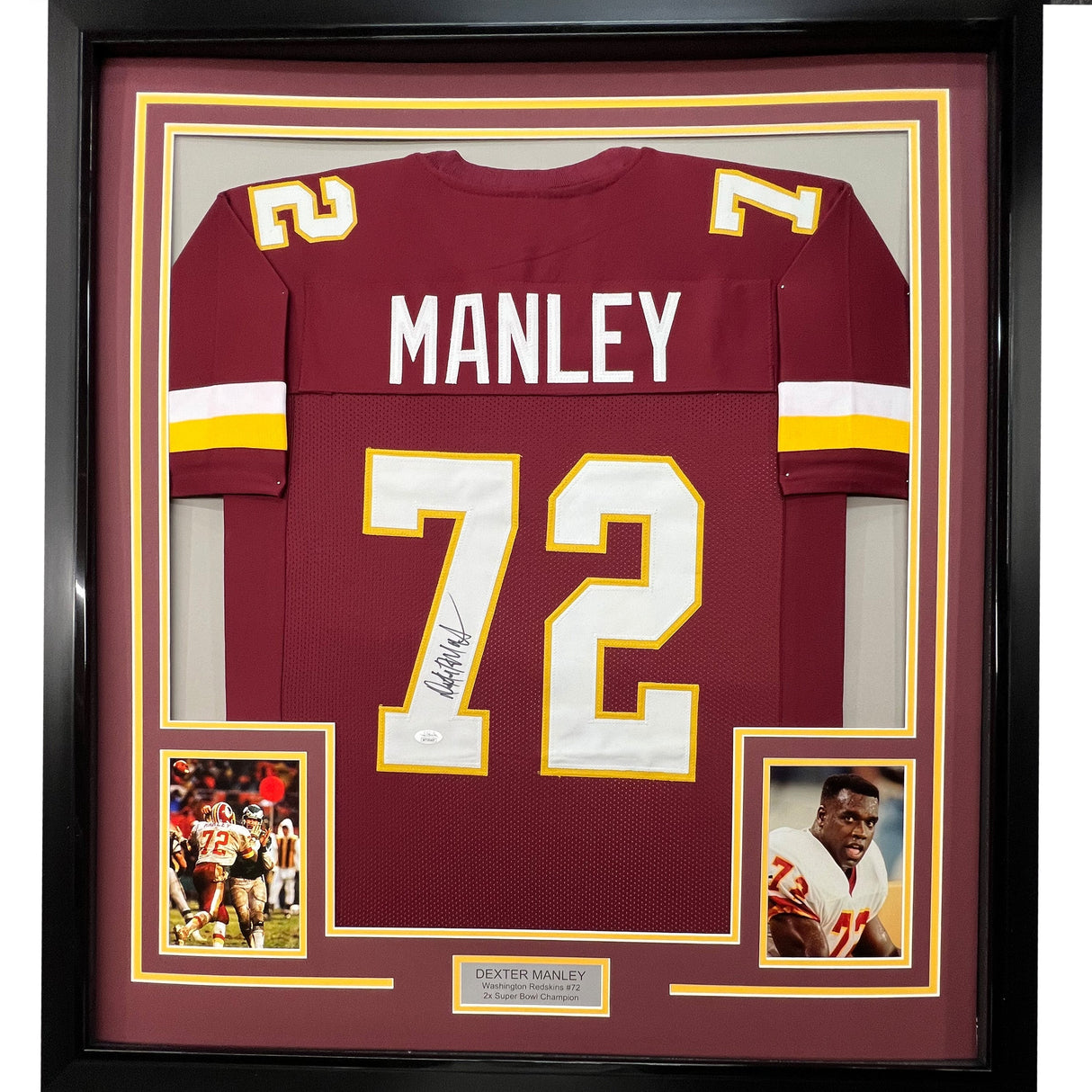 Camiseta de fútbol de Washington, color burdeos, enmarcada, autografiada y firmada por Dexter Manley, 35 x 39, JSA COA