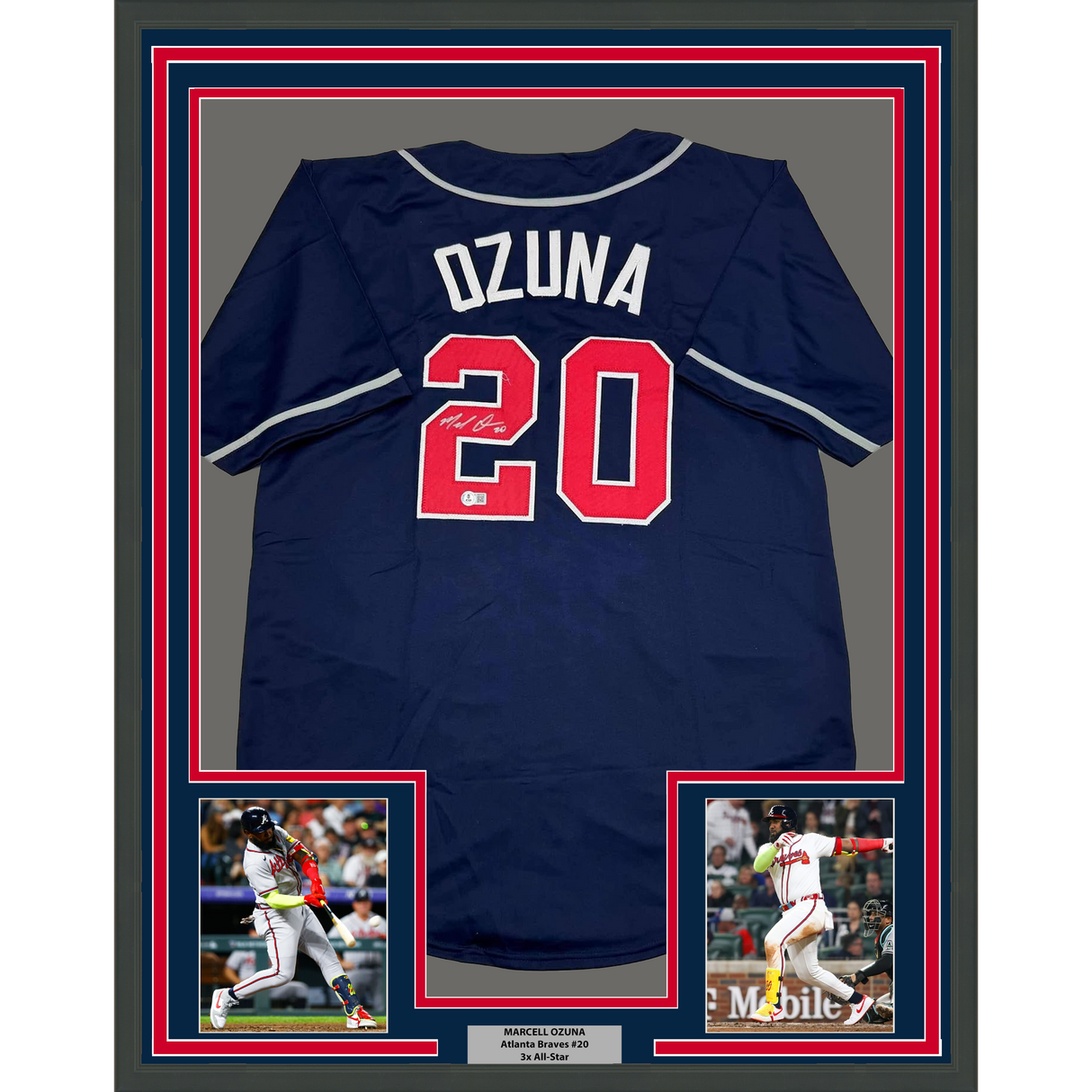 Framed Autographed/Signed Marcell Ozuna 35x39 Atlanta Blue Baseball Jersey Beckett BAS COA