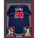 Framed Autographed/Signed Marcell Ozuna 35x39 Atlanta Blue Baseball Jersey Beckett BAS COA