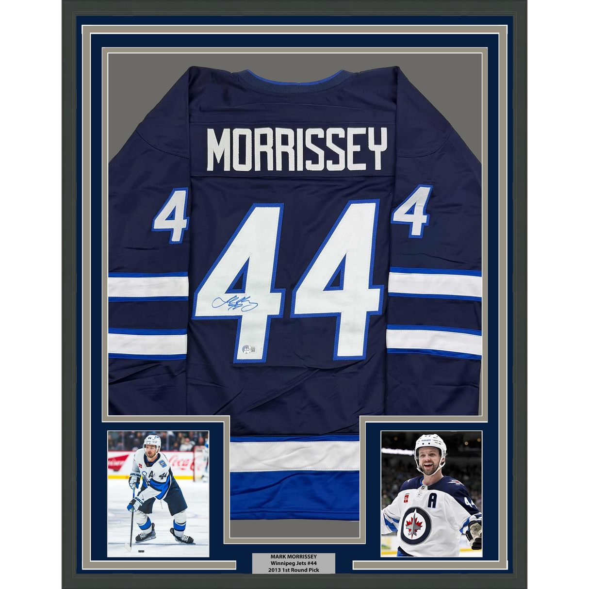 Camiseta de hockey azul Winnipeg de Josh Morrissey, enmarcada, autografiada y firmada, 35 x 39, Beckett BAS COA