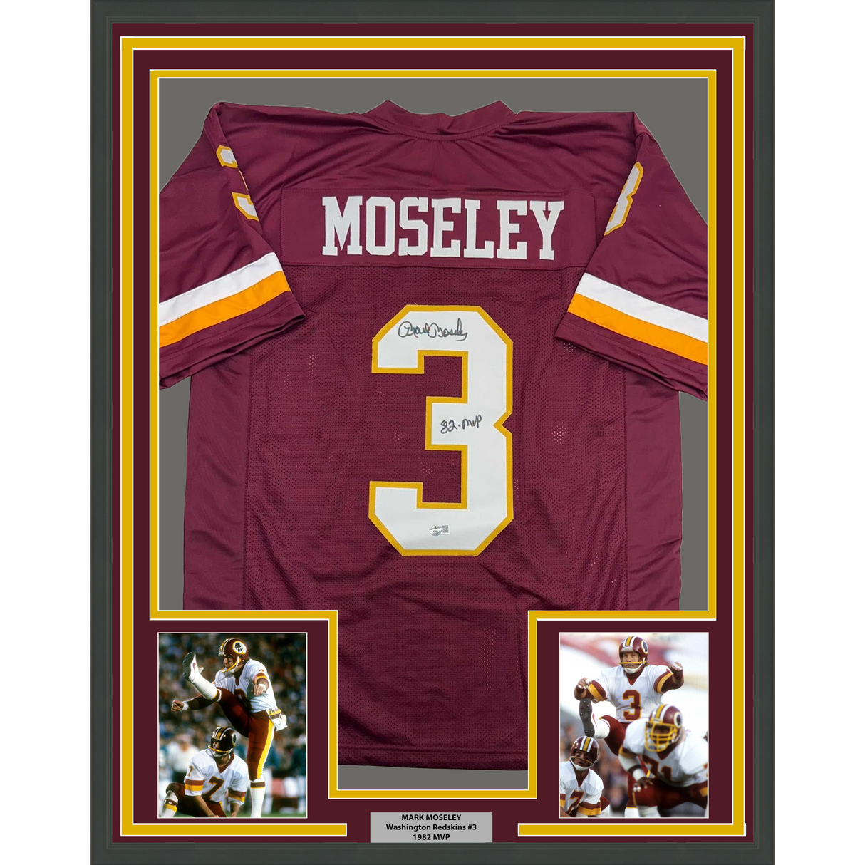 Camiseta de fútbol enmarcada, autografiada y firmada por Mark Moseley, 35 x 39, 82, MVP Washington, color burdeos, Beckett BAS COA