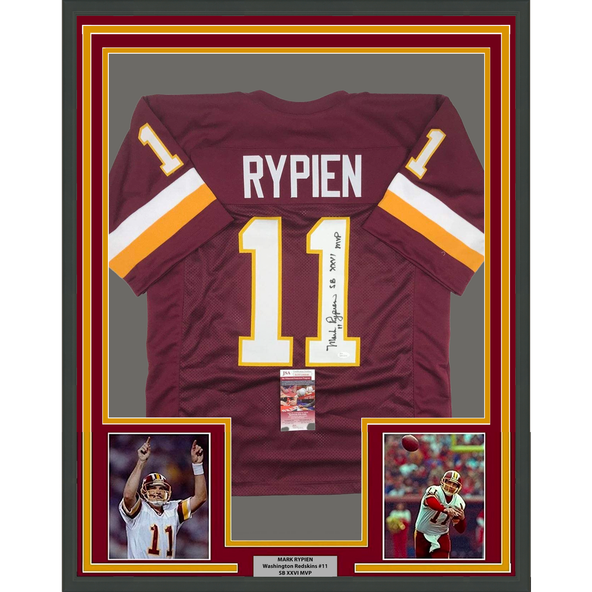 Camiseta de fútbol americano SB XXVI MVP de Washington, color burdeos, enmarcada, autografiada y firmada por Mark Rypien, 35 x 39, JSA COA