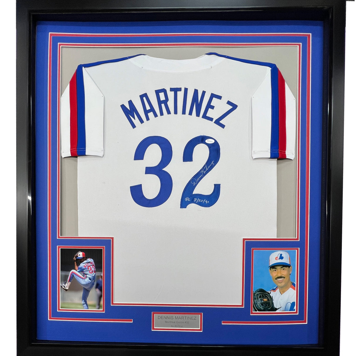 Camiseta de béisbol blanca de Montreal, enmarcada, autografiada y firmada por Dennis Martinez, 35 x 39, JSA COA