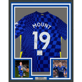 Framed Autographed/Signed Mason Mount 35x39 Chelsea FC Blue Soccer Futbol Jersey Beckett BAS COA