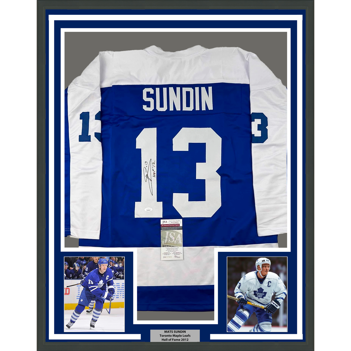Tapetes enmarcados, autografiados y firmados Sundin 35x39 HOF 12 Toronto Blue Hockey Jersey JSA COA
