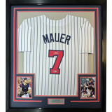 Framed Autographed/Signed Joe Mauer 35x39 Minnesota Pinstripe Baseball Jersey Beckett BAS COA