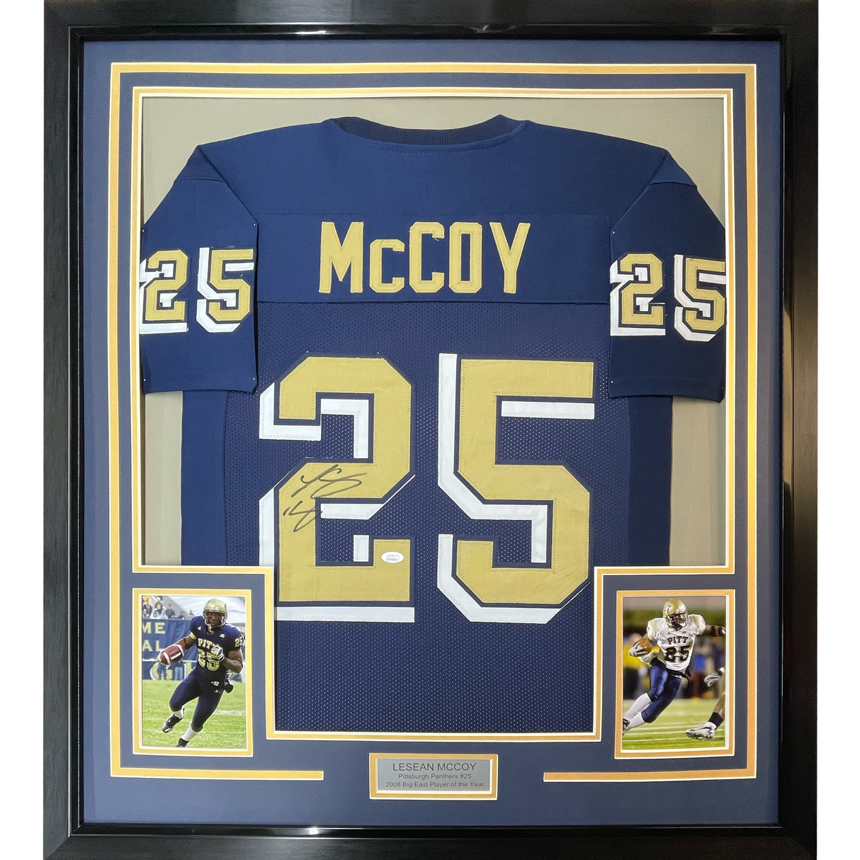 Camiseta de fútbol americano universitario azul de Pittsburgh, enmarcada, autografiada y firmada por LeSean McCoy, 35 x 39, JSA COA