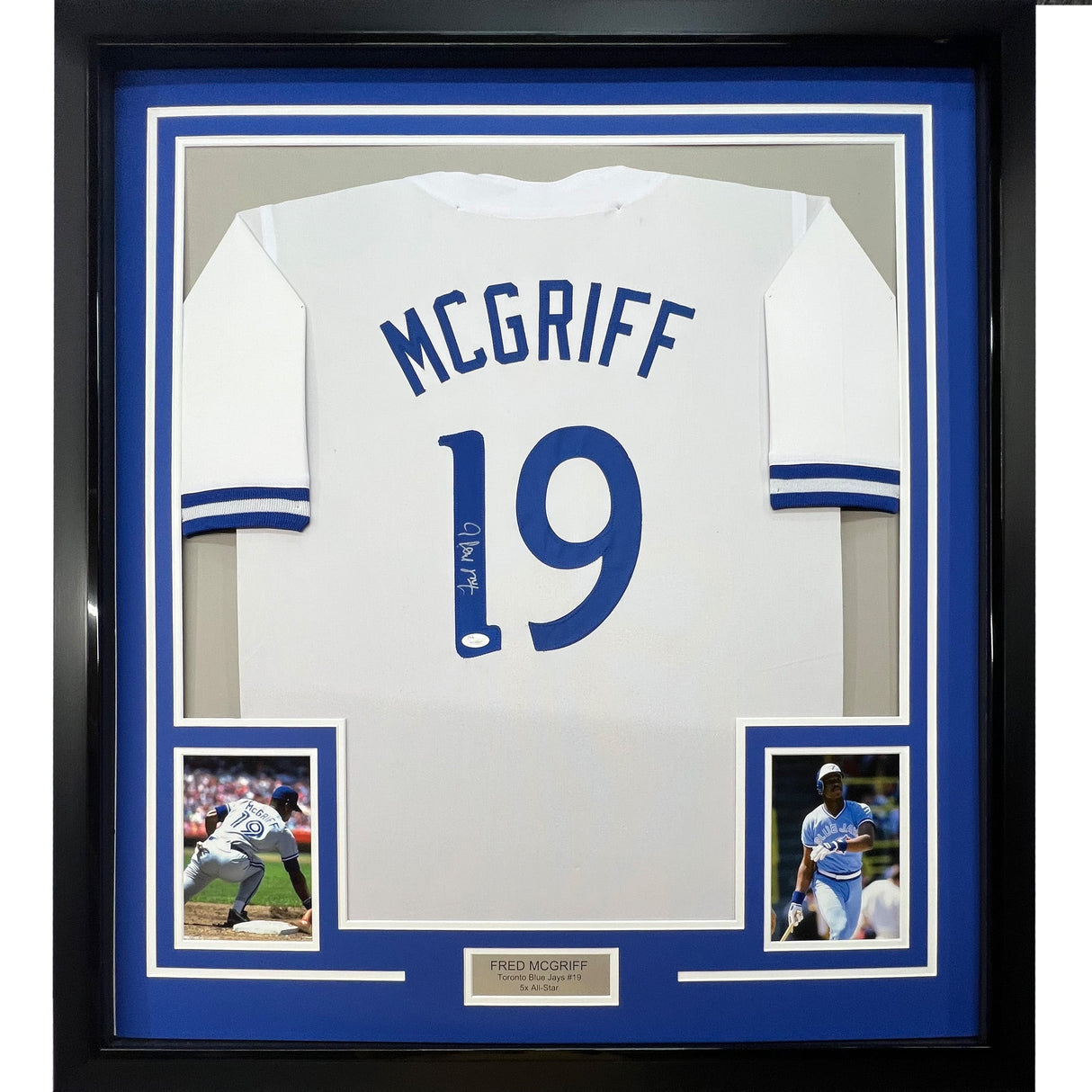 Framed Autographed/Signed Fred McGriff 35x39 Toronto White Baseball Jersey JSA COA
