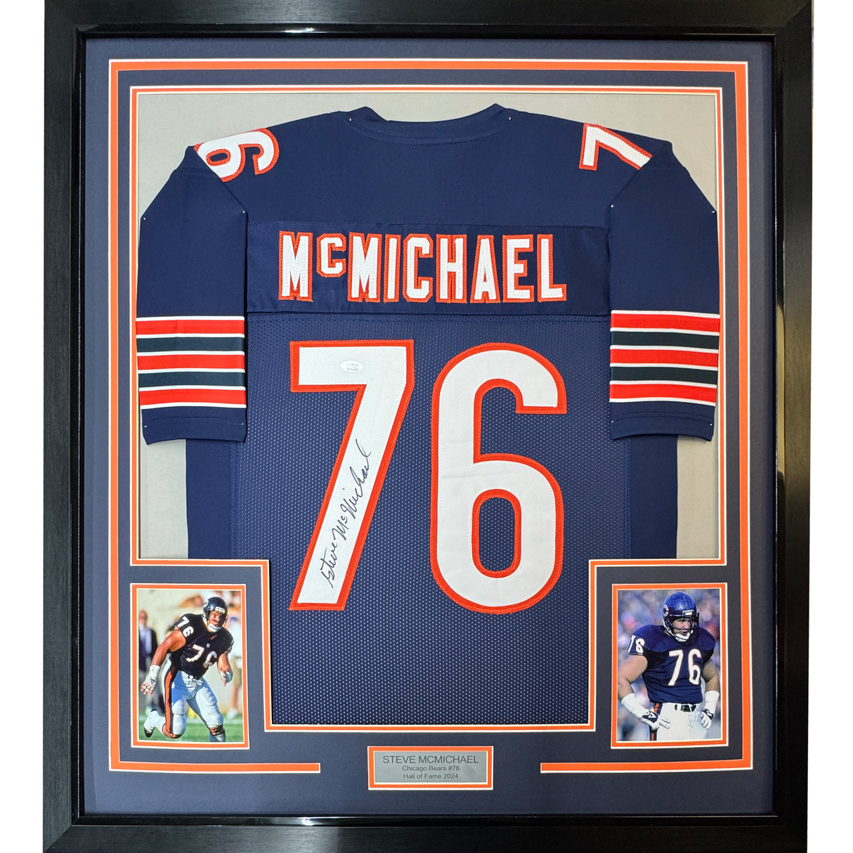 Camiseta de fútbol azul Chicago de 35 x 39 de Steve McMichael, enmarcada y autografiada, JSA COA