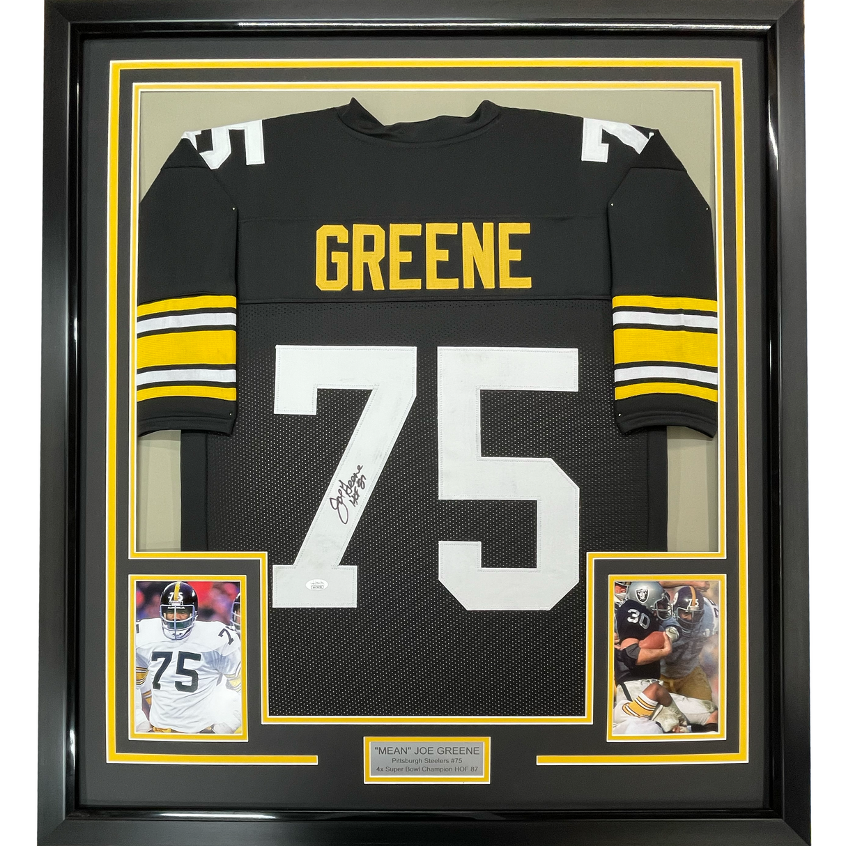 Framed Autographed/Signed Mean Joe Greene HOF 87 35x39 Pittsburgh Black Football Jersey JSA COA