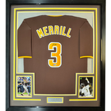 Camiseta de béisbol enmarcada, autografiada y firmada por Jackson Merrill, 35 x 39, San Diego Brown, Beckett BAS COA