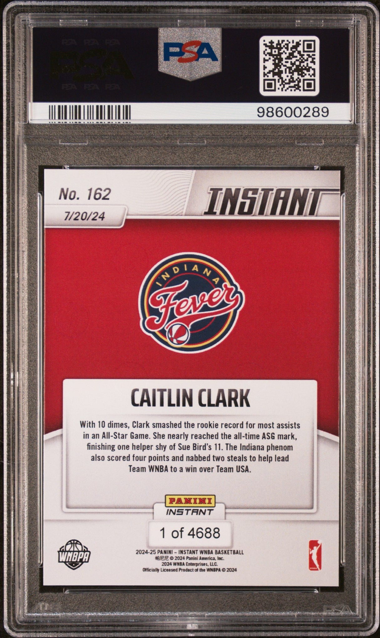 Tarjeta de baloncesto Caitlin Clark #162 Rookie RC de la WNBA Panini Instant 2024, PSA 10 Gem Mint