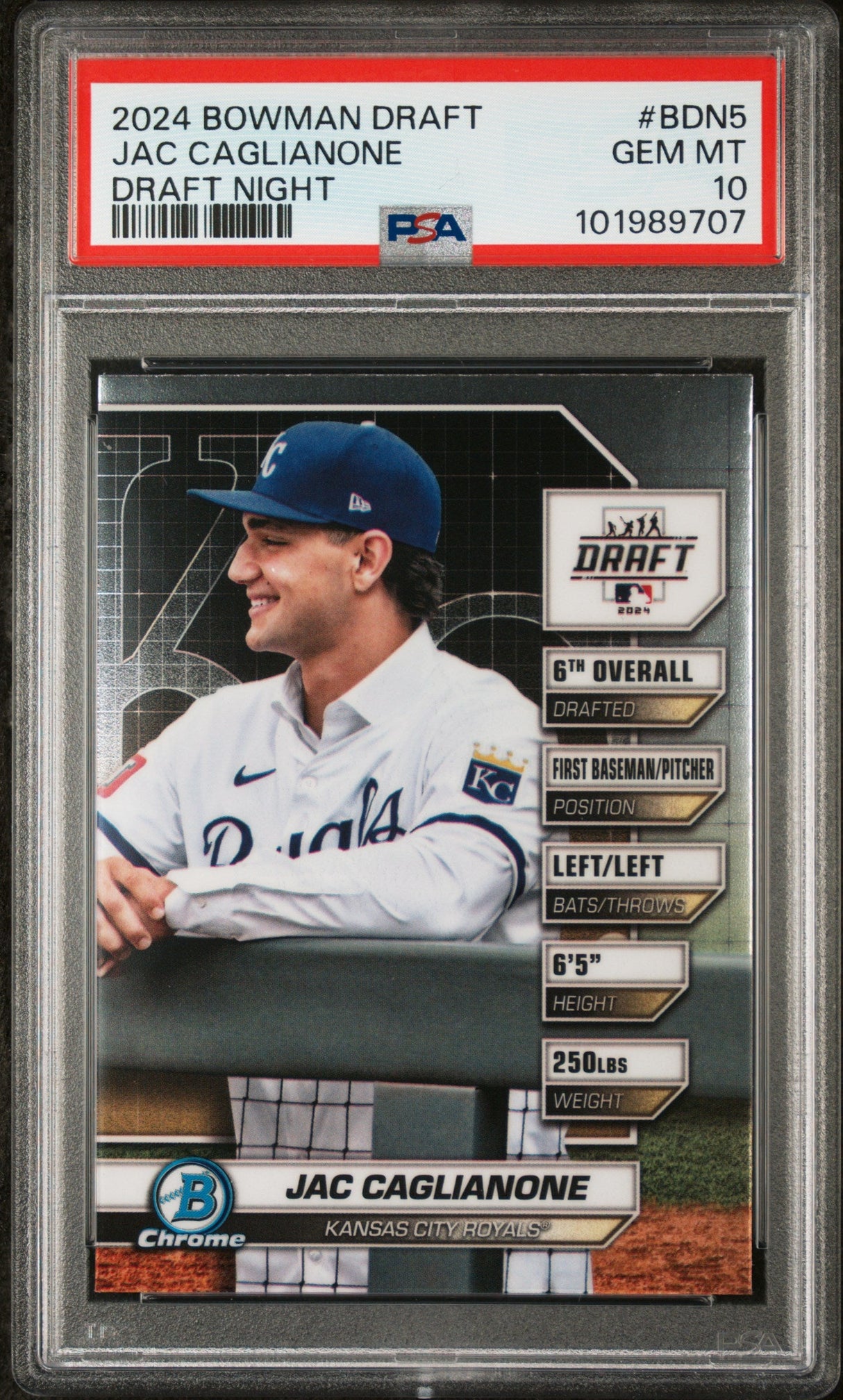 Tarjeta de béisbol RC Jac Caglianone #BDN5 Draft Night Rookie de Topps Bowman Draft 2024 PSA 10 Gem Mint