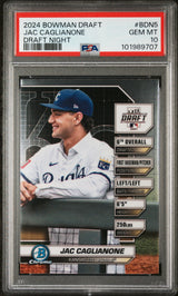 Tarjeta de béisbol RC Jac Caglianone #BDN5 Draft Night Rookie de Topps Bowman Draft 2024 PSA 10 Gem Mint