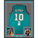 Framed Autographed/Signed Mike Bibby 35x39 Vancouver Teal Retro Basketball Jersey JSA COA