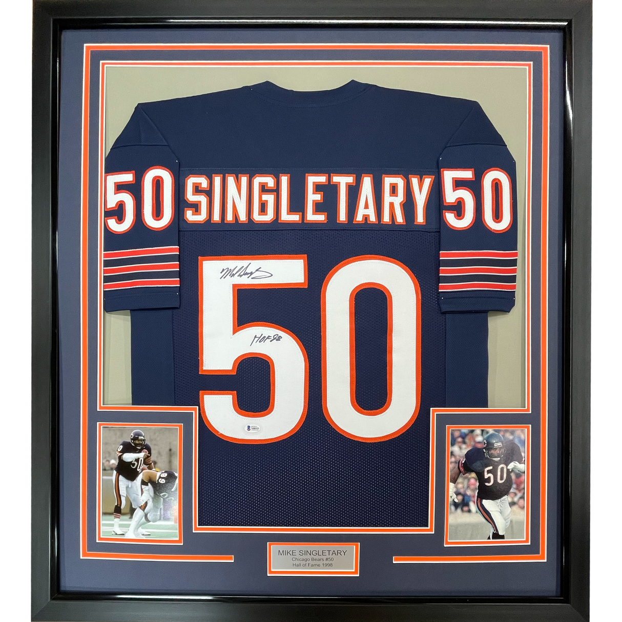 Camiseta de fútbol azul Chicago de 35 x 39, enmarcada, autografiada y firmada por Mike Singletary, HOF 98, JSA COA