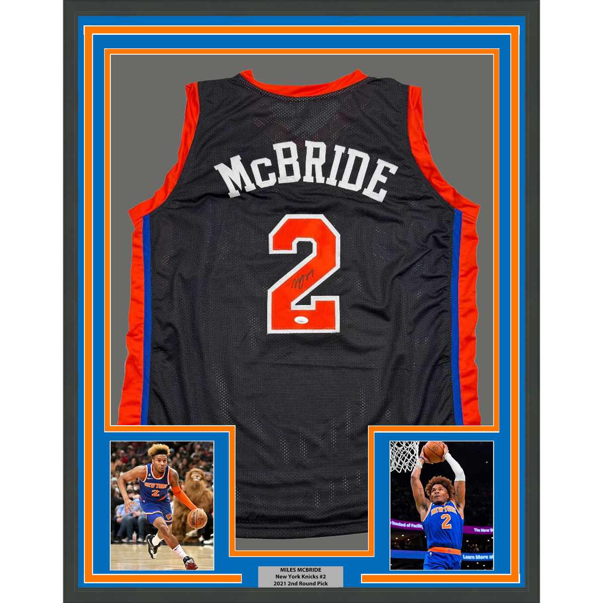 Camiseta de baloncesto negra de Nueva York de Miles Deuce McBride, enmarcada, autografiada y firmada, 35 x 39, JSA COA