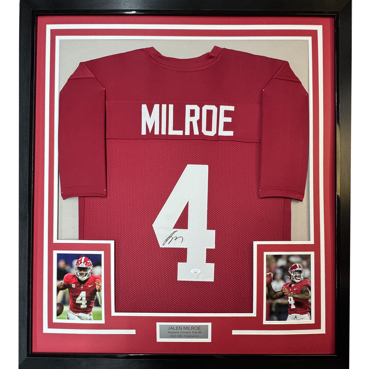 Framed Autographed/Signed Jalen Milroe 35x39 Alabama Red College Football Jersey JSA COA