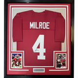 Framed Autographed/Signed Jalen Milroe 35x39 Alabama Red College Football Jersey JSA COA