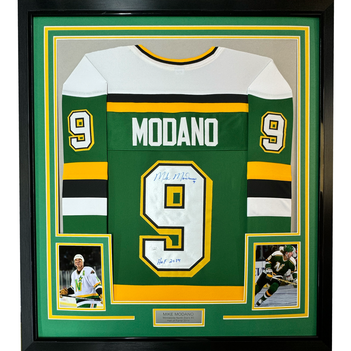 Framed Autographed/Signed Mike Modano HOF 2014 35x39 Minnesota Green Hockey Jersey Beckett BAS COA