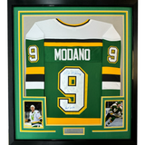 Framed Autographed/Signed Mike Modano HOF 2014 35x39 Minnesota Green Hockey Jersey Beckett BAS COA