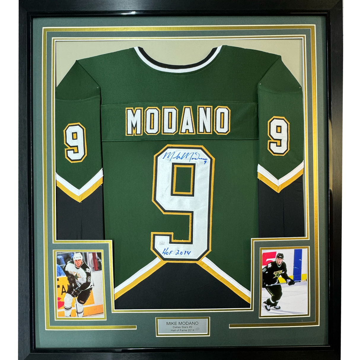 Camiseta de hockey verde oscuro de Dallas Beckett BAS COA, enmarcada, autografiada y firmada por Mike Modano, HOF 2014, 35 x 39