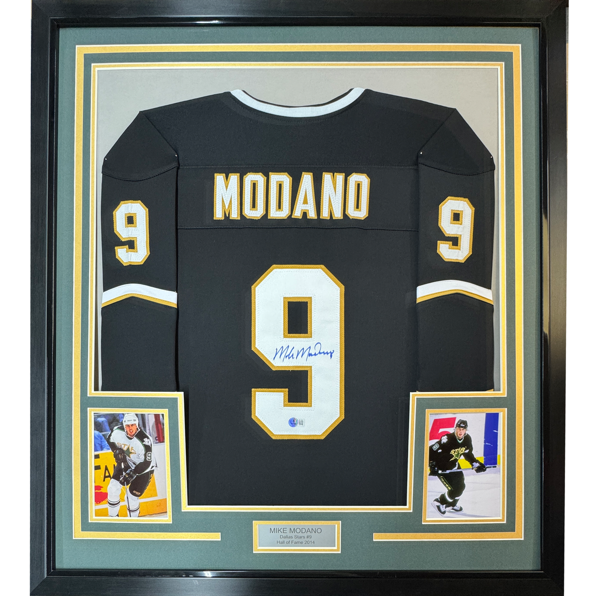 Camiseta de hockey negra de Dallas Beckett BAS COA enmarcada y autografiada de Mike Modano (35 x 39)