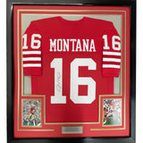 Camiseta de fútbol americano enmarcada, autografiada y firmada por Joe Montana, 35 x 39, color rojo de San Francisco, JSA COA