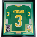 Framed Autographed/Signed Joe Montana 35x39 Notre Dame Green College Football Jersey JSA COA