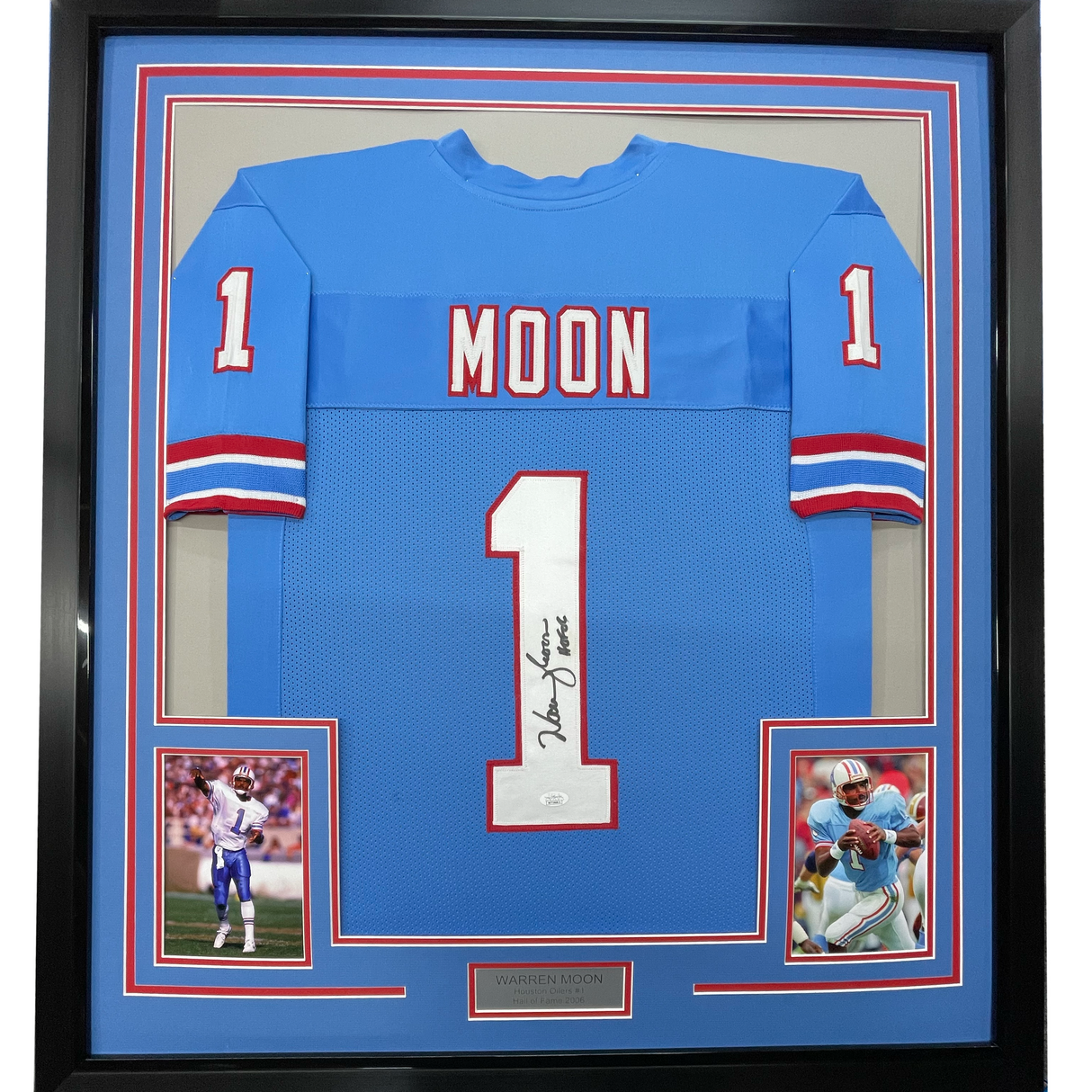 Framed Autographed/Signed Warren Moon HOF 06 35x39 Houston Blue Football Jersey JSA COA