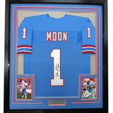 Framed Autographed/Signed Warren Moon HOF 06 35x39 Houston Blue Football Jersey JSA COA