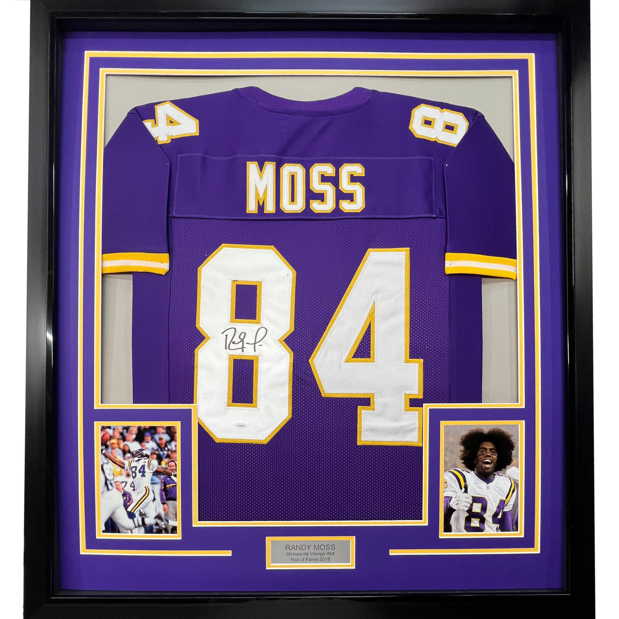 Camiseta de fútbol americano de Minnesota, enmarcada, autografiada y firmada por Randy Moss, 35 x 39, color morado, JSA COA
