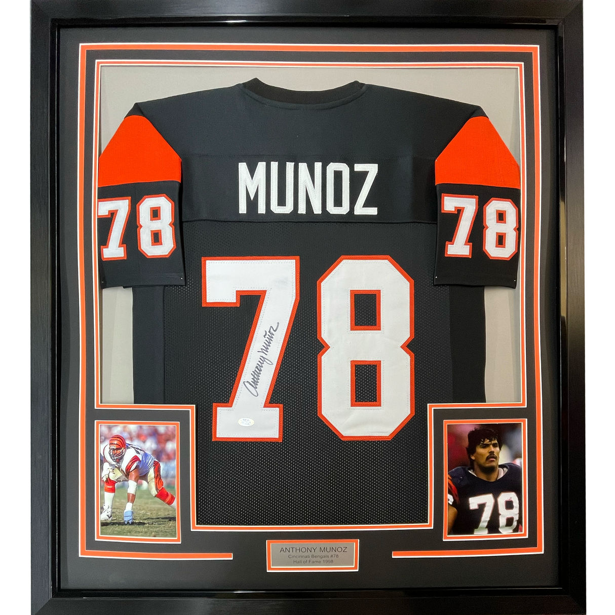 Framed Autographed/Signed Anthony Munoz 35x39 Cincinnati Black Football Jersey JSA COA