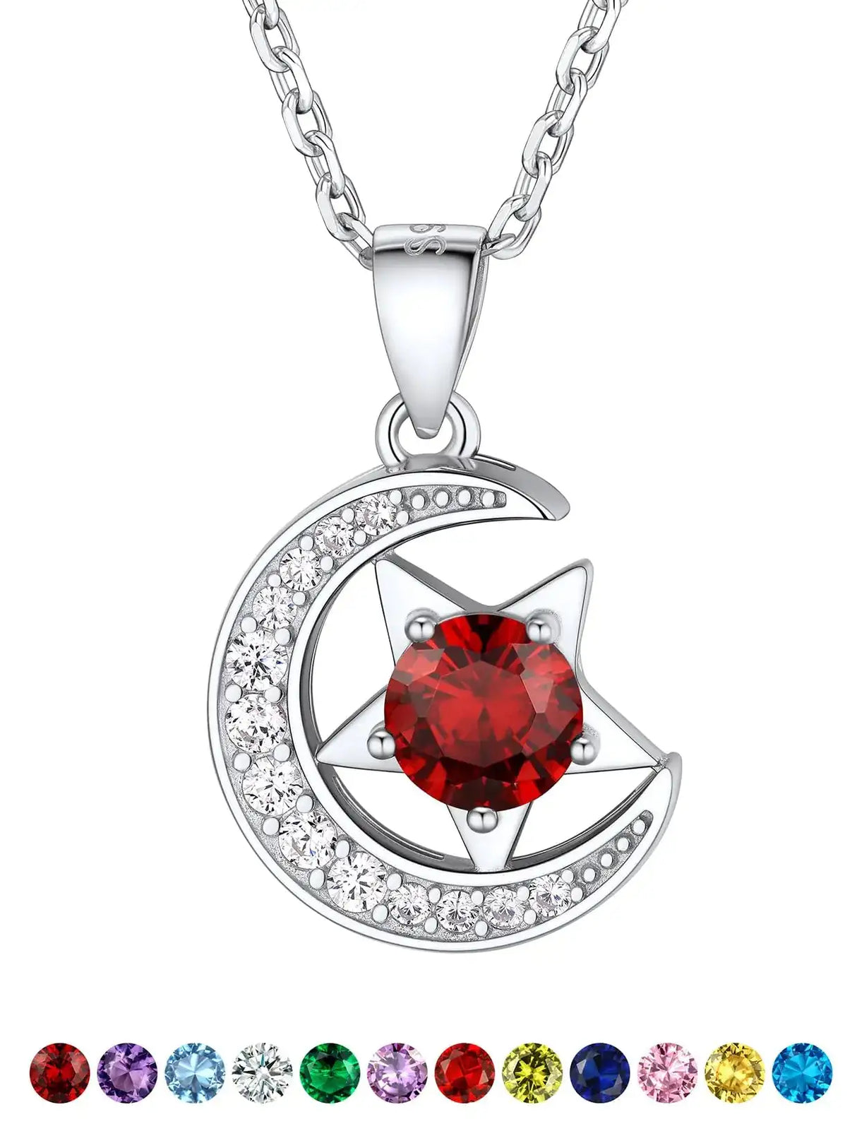 Suplight Birthstone Necklace for Women Crescent Moon Necklaces with Stone Sterling Silver Garnet Red Crystal January Birthstone Christmas Thanksgiving Holiday Birthday Jewelry Everyday Necklaces for Women - Lootquake