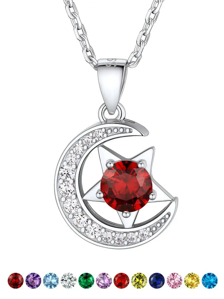 Suplight Birthstone Necklace for Women Crescent Moon Necklaces with Stone Sterling Silver Garnet Red Crystal January Birthstone Christmas Thanksgiving Holiday Birthday Jewelry Everyday Necklaces for Women - Lootquake