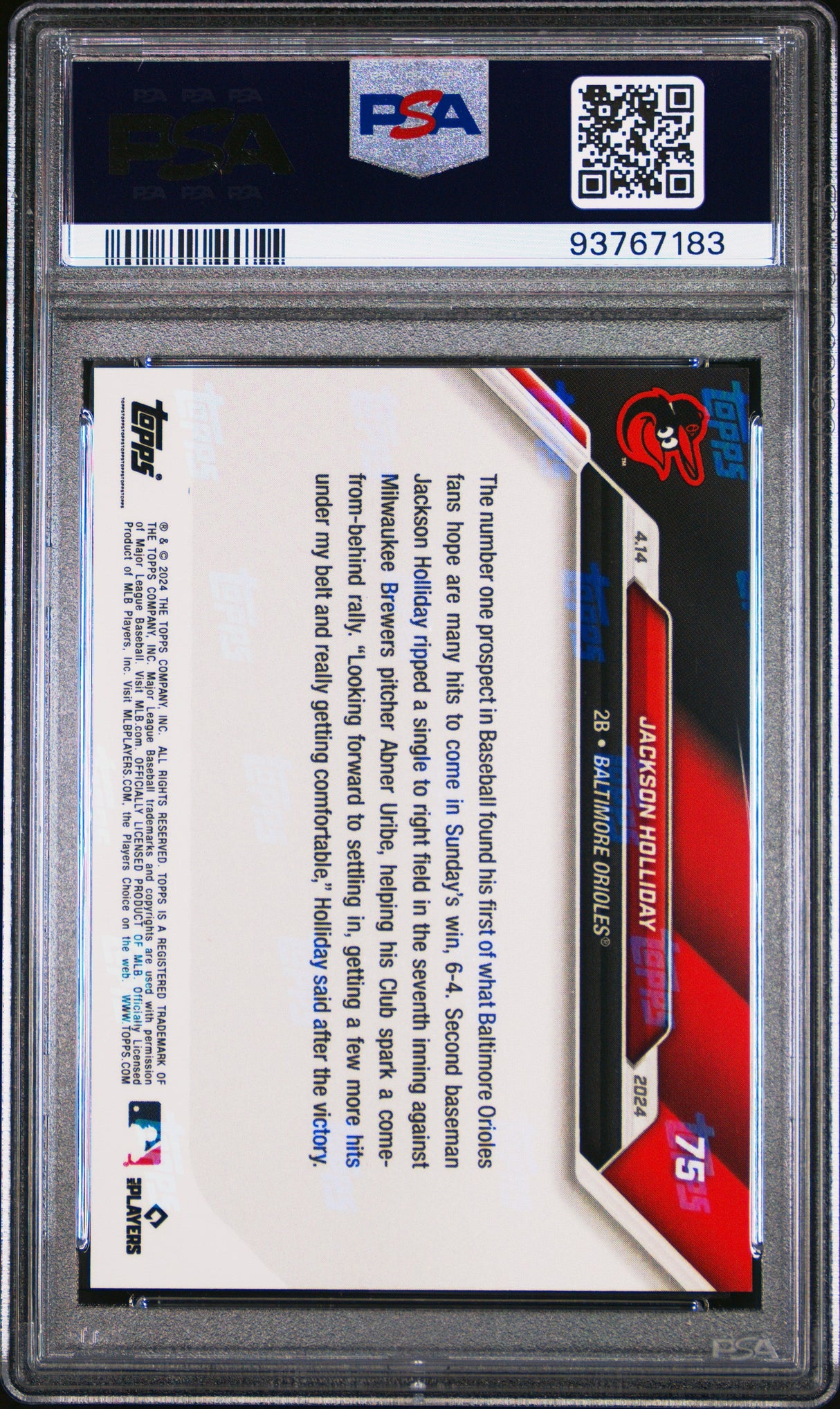 Tarjeta de béisbol de Jackson Holliday #75, primer hit de su carrera, calificada en 2024 (Topps Now), de la marca Rookie. PSA 10 Gem Mint.