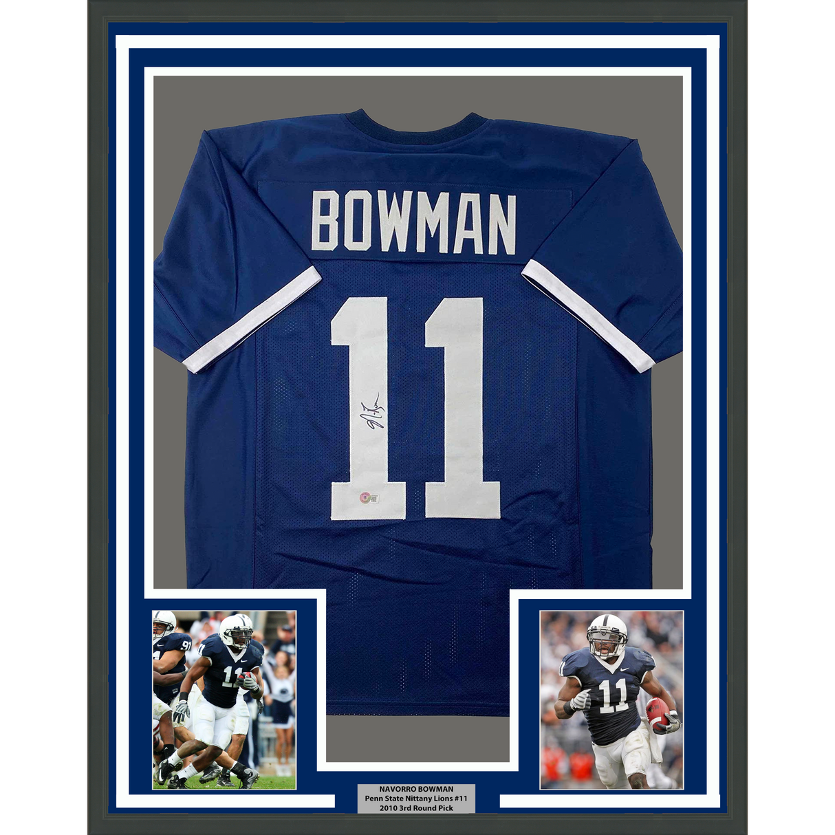 Camiseta de fútbol americano universitario azul de Penn State, enmarcada, autografiada y firmada por NaVorro Bowman, 35 x 39, Beckett BAS COA